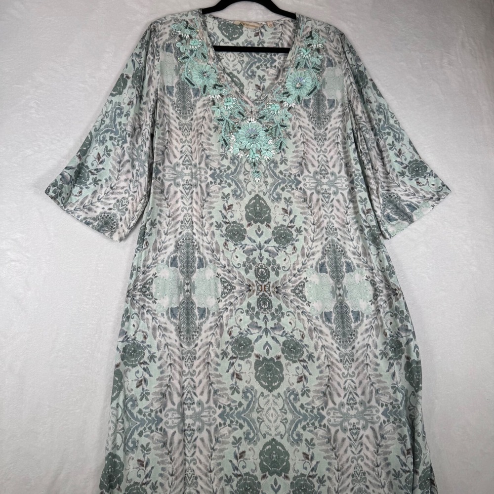 Soft Surroundings Maxi Dress Womens L Green Paisley Beaded Boho 2FV07 Resortwear - Picture 11 of 11